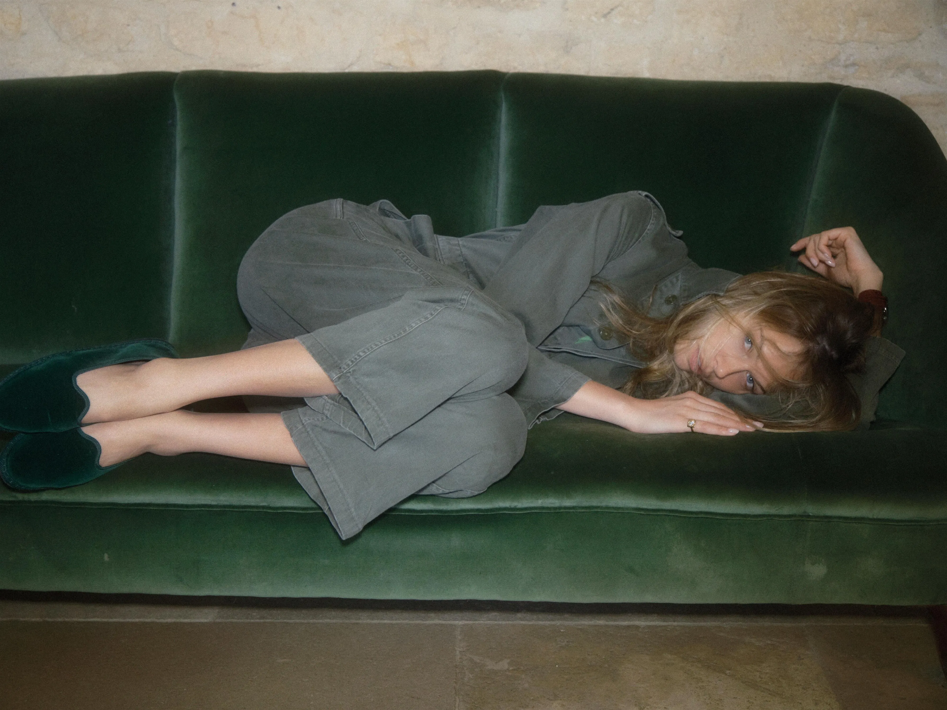 <p><span style="color:hsl(0,0%,100%);">ROKIT GREEN army jumpsuit, TULSISHOP slippers, HERMÈS watch from The Vintage Rolex Company, COACH blue beanie, CHARLES GOODE jewellery.</span></p>