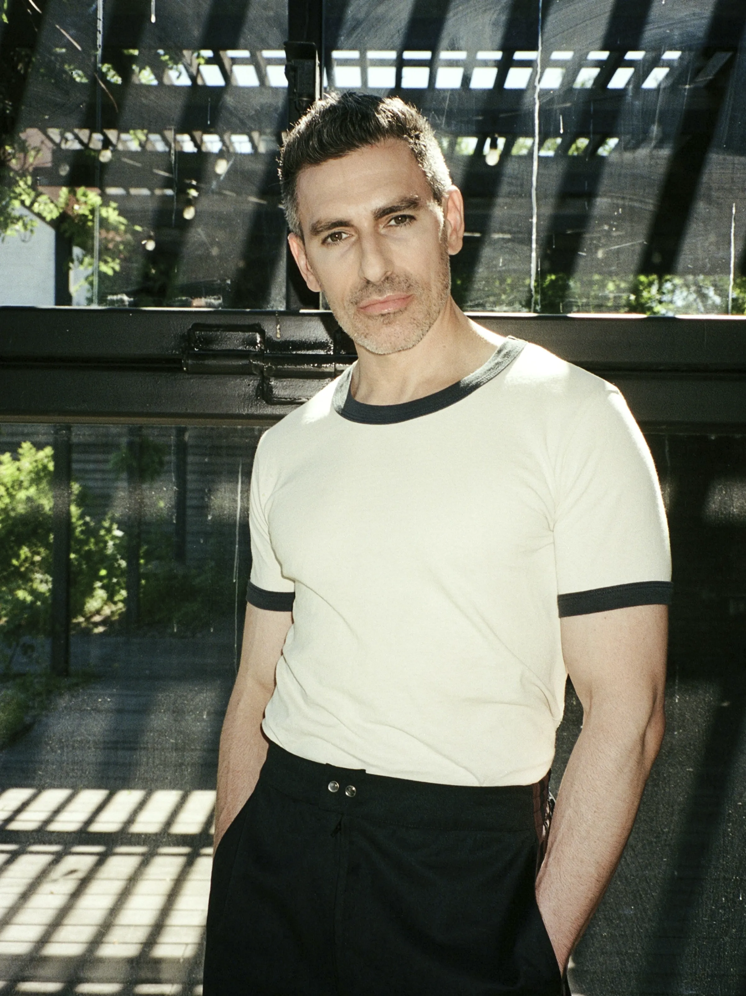 <p>EVERYBODY.WORLD T-shirt, 6397 trackpants, STYLIST's own shoes. </p>